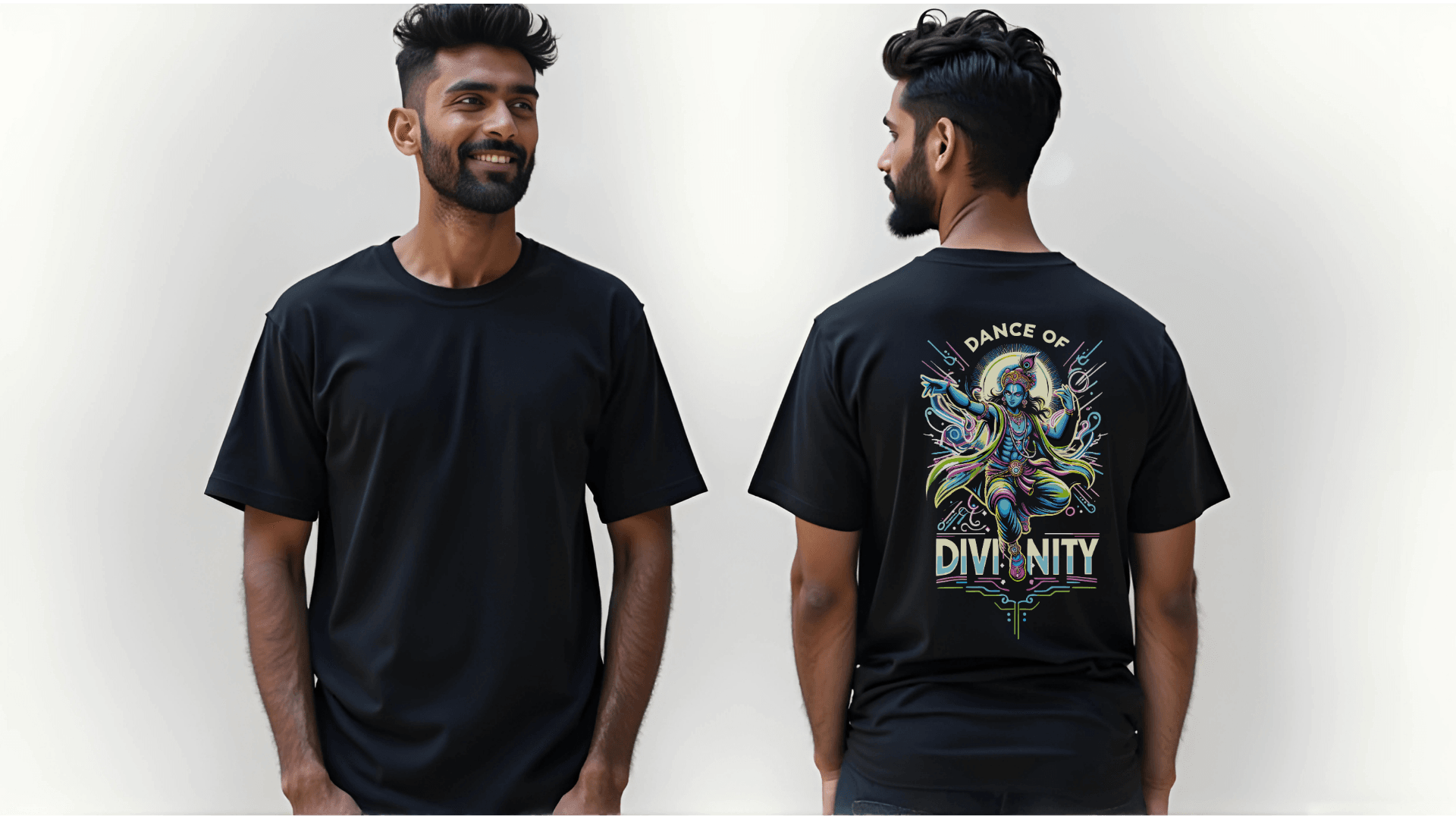 Dance of Divinity | Neon Krishna Cosmic Energy T-Shirt_Back side - BhaariGear