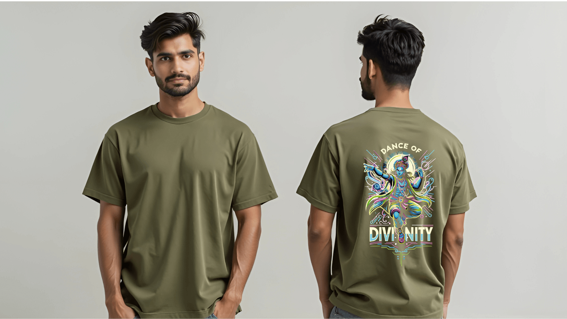 Dance of Divinity | Neon Krishna Cosmic Energy T-Shirt_Back side - BhaariGear