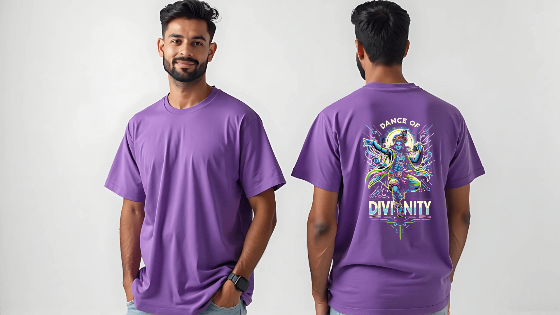 Dance of Divinity | Neon Krishna Cosmic Energy T-Shirt_Back side - BhaariGear