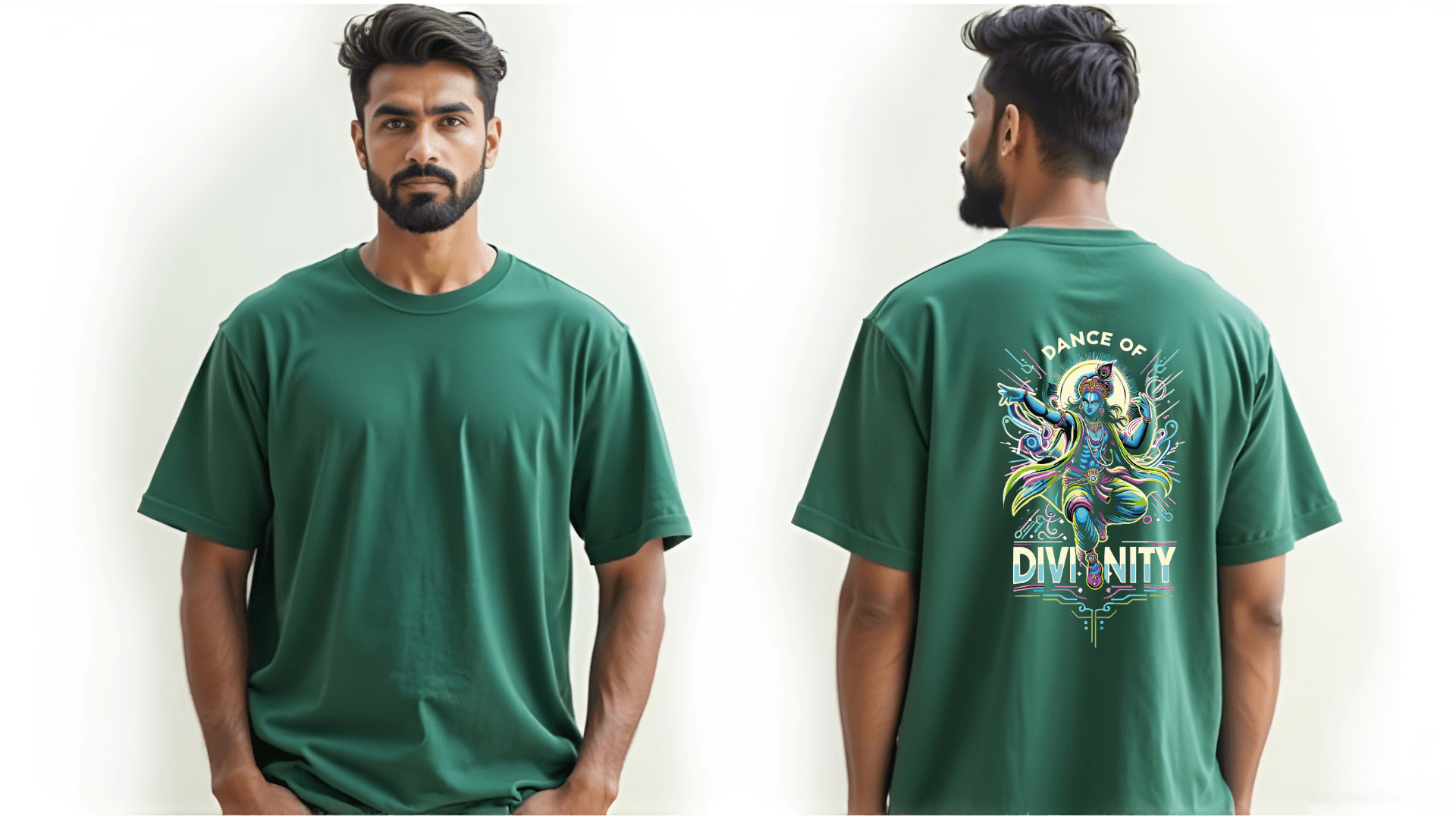 Dance of Divinity | Neon Krishna Cosmic Energy T-Shirt_Back side - BhaariGear