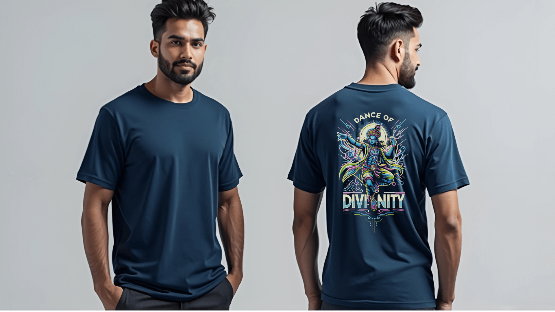 Dance of Divinity | Neon Krishna Cosmic Energy T-Shirt_Back side - BhaariGear