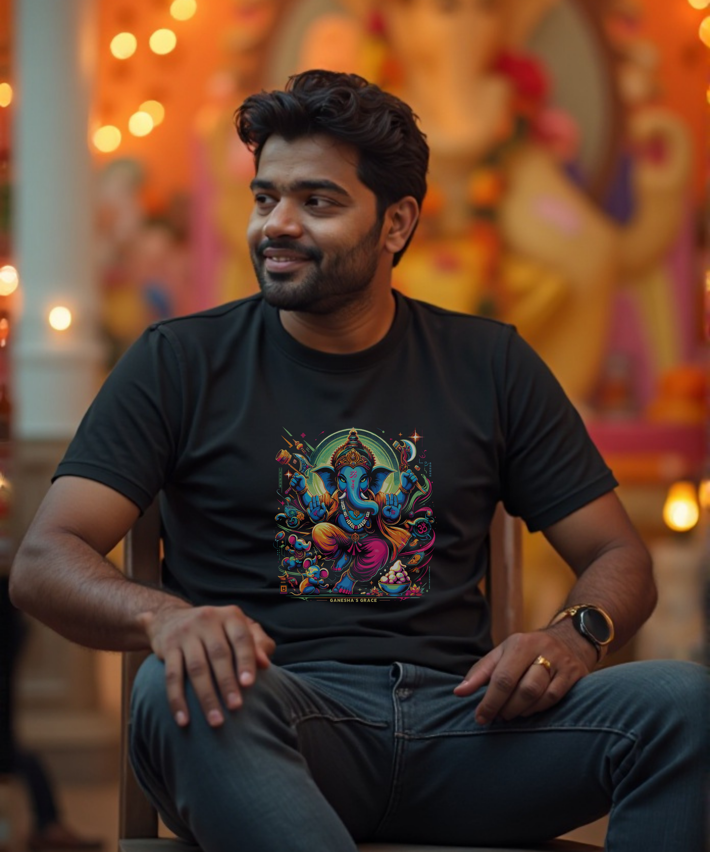 Ganesha’s Grace | Dynamic Neon Deity T-Shirt Design