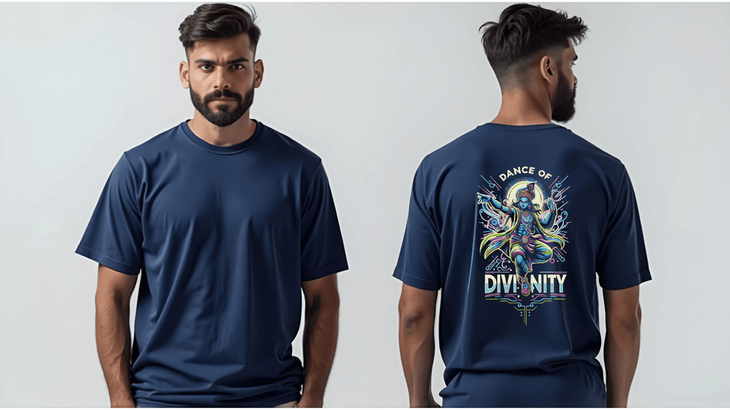 Dance of Divinity | Neon Krishna Cosmic Energy T-Shirt_Back side - BhaariGear 