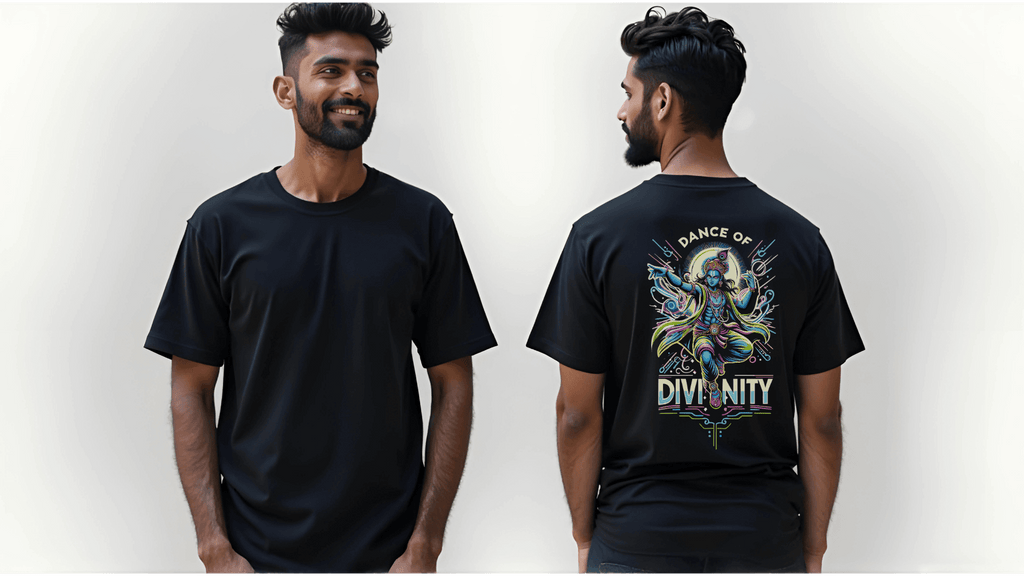 Dance of Divinity | Neon Krishna Cosmic Energy T-Shirt_Back side - BhaariGear 