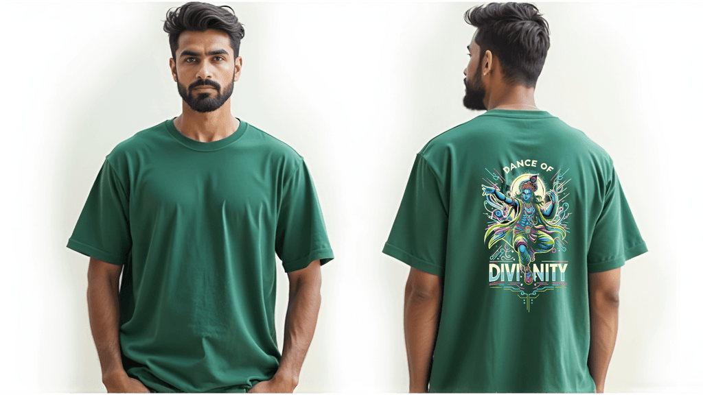 Dance of Divinity | Neon Krishna Cosmic Energy T-Shirt_Back side - BhaariGear 