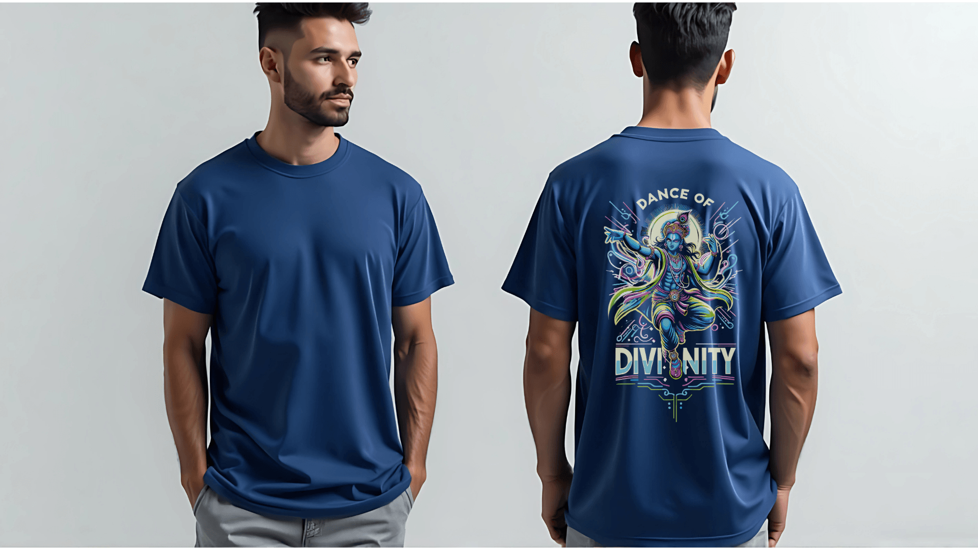 Dance of Divinity | Neon Krishna Cosmic Energy T-Shirt_Back side - BhaariGear 