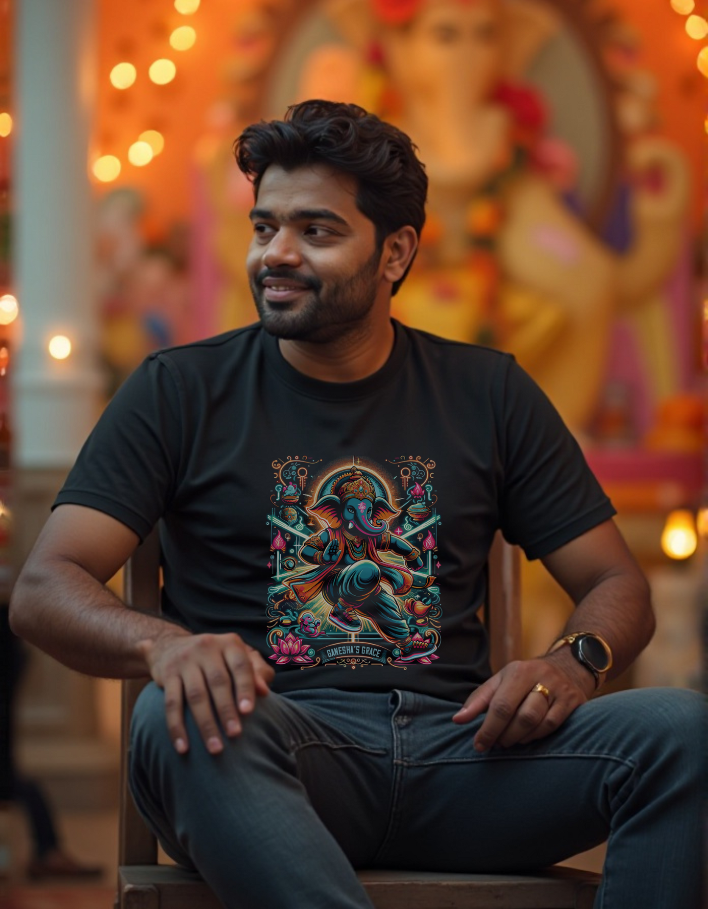 Ganesha’s Grace – Cosmic Rhythm T-Shirt Design