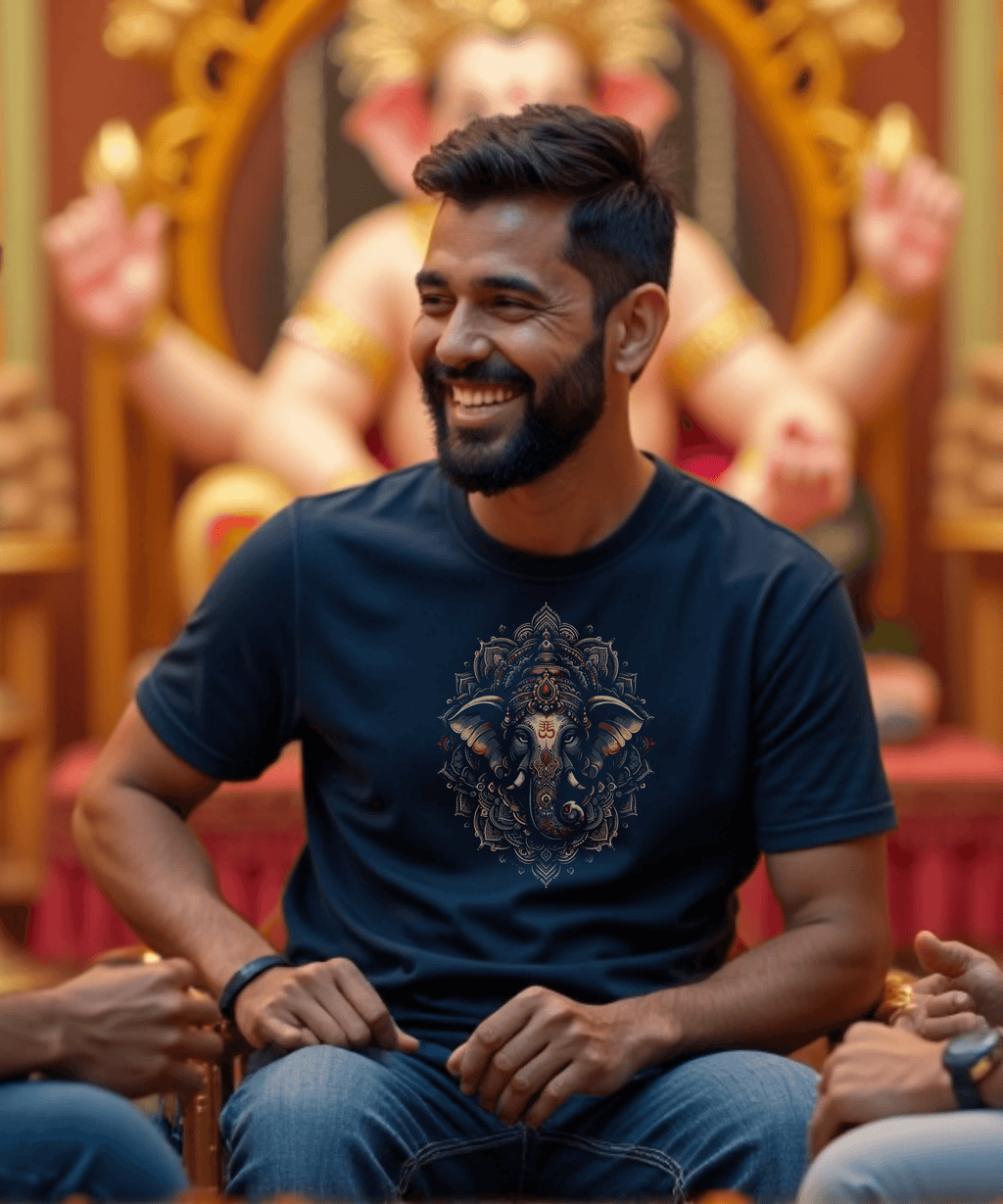 Majestic Mandala Ganesha | Ornate Line Art Divine T-Shirt Design - BhaariGear 