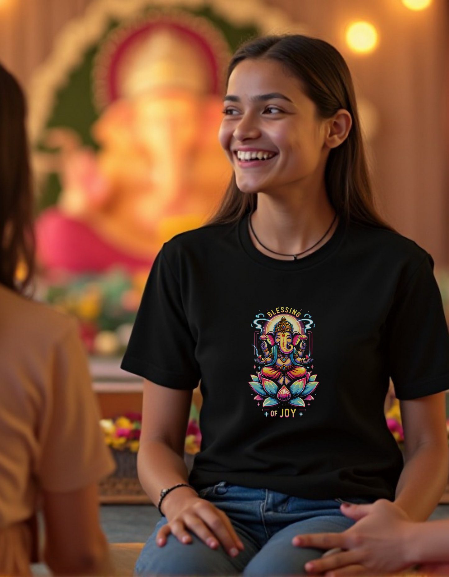 Radiant Lord Ganesha Lotus Tee – Stylish Spiritual Wear for Girls