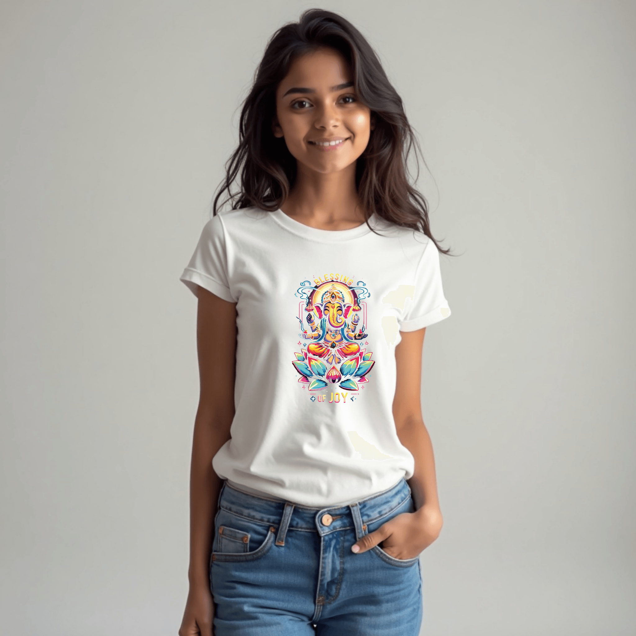 Radiant Lord Ganesha Lotus Tee – Stylish Spiritual Wear for Girls - BhaariGear 