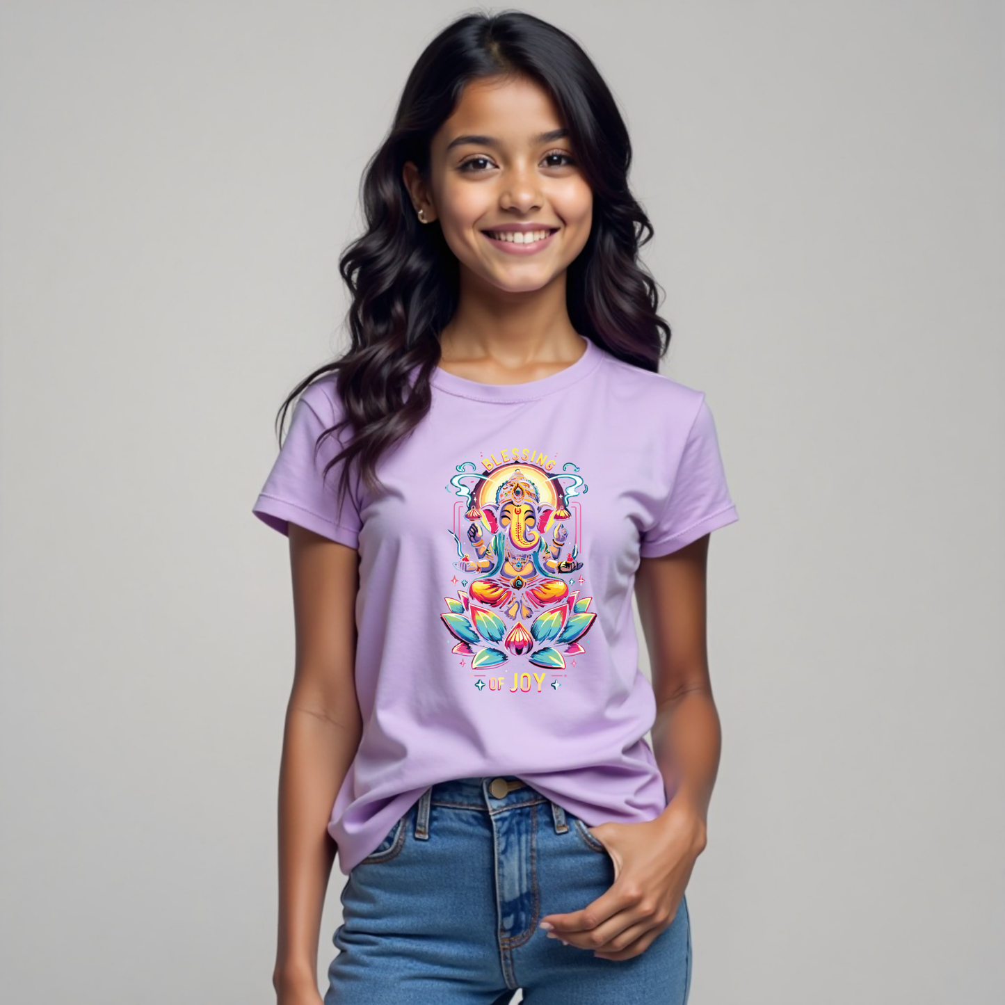 Radiant Lord Ganesha Lotus Tee – Stylish Spiritual Wear for Girls