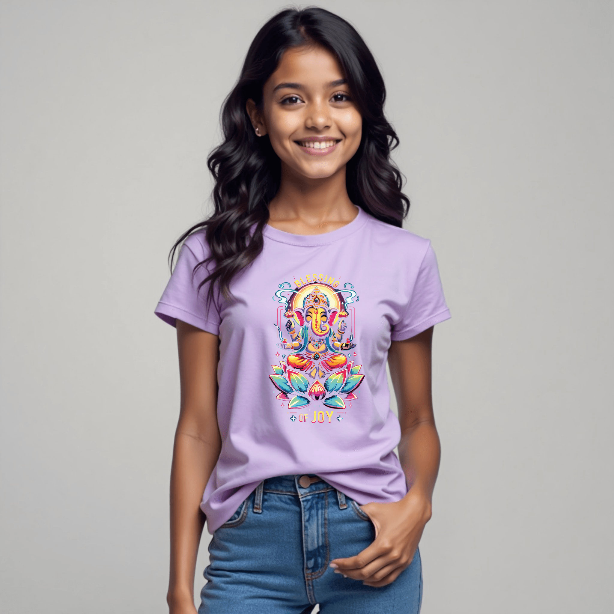 Radiant Lord Ganesha Lotus Tee – Stylish Spiritual Wear for Girls - BhaariGear 