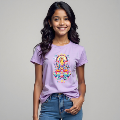 Radiant Lord Ganesha Lotus Tee – Stylish Spiritual Wear for Girls