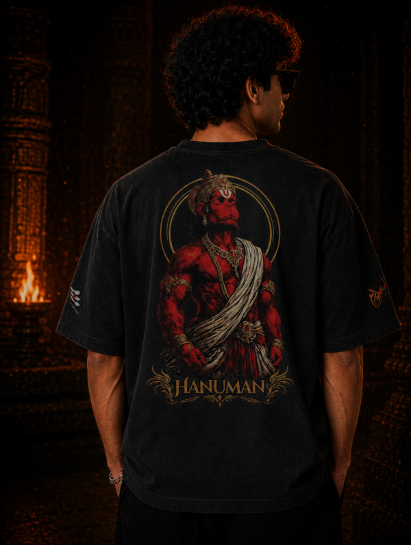 Back view of the BhaariGear t-shirt highlighting the large cinematic Lord Hanuman graphic in vibrant red and black tones.